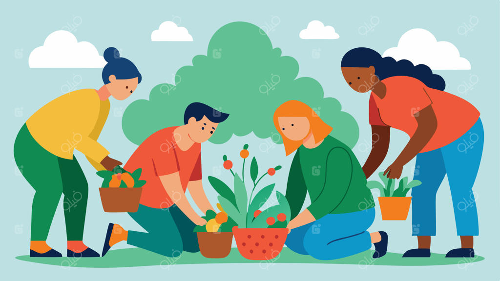 باغبانی محله: گروهی از همسایگان با همکاری در یک باغ اجتماعی به کاشت گل‌ها و سبزیجات مشغولند و همکاری و تلاش مشترک را به نمایش می‌گذارند.