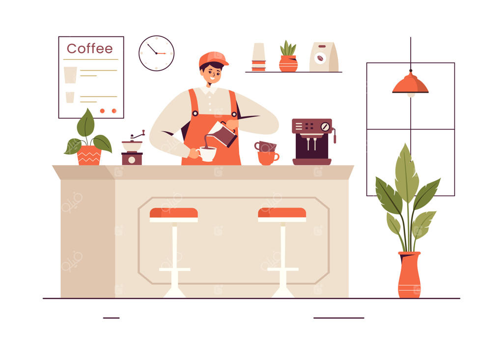 تصویرسازی وکتور باریستا با پیش‌بند، در حال زدن شیر داخل فنجان قهوه برای مشتری با پس‌زمینه کارتونی ساده