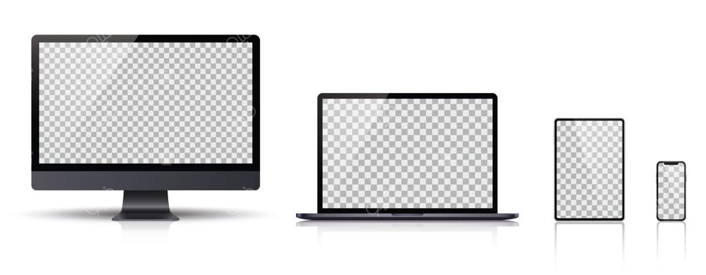 ست واقعی مانیتور، لپ‌تاپ، تبلت و گوشی هوشمند به رنگ خاکستری تیره.