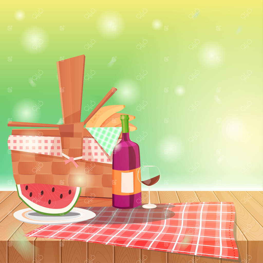 سبد پیک نیک روی میز و منظره بهاری