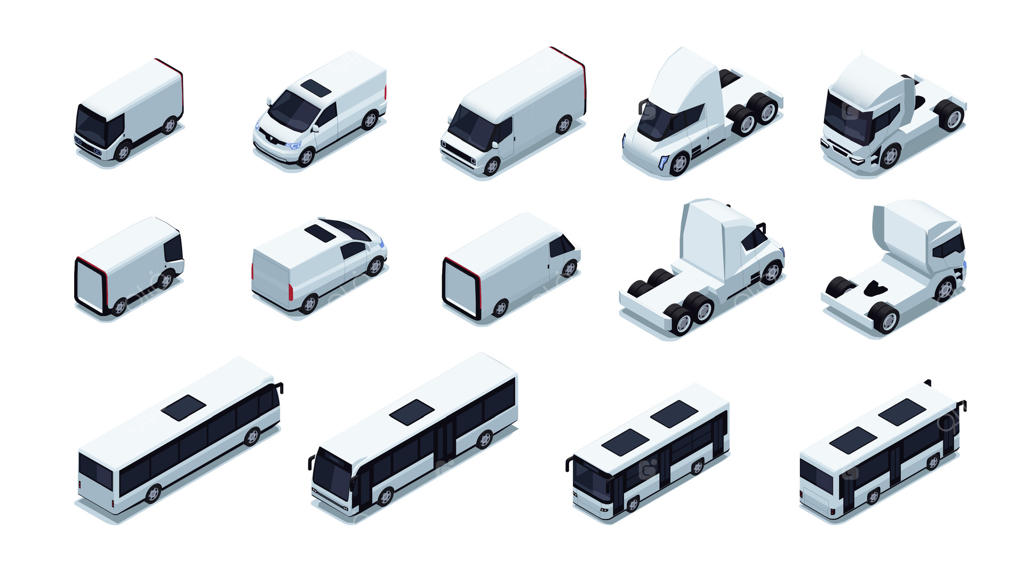 انواع خودروهای ایزومتریک: وسایل نقلیه تحویل لجستیکی با تریلر بار، کامیون، ون و موتور سیکلت برای شرکت حمل و نقل. مجموعه‌ای از خودروهای مختلف برای استفاده شخصی