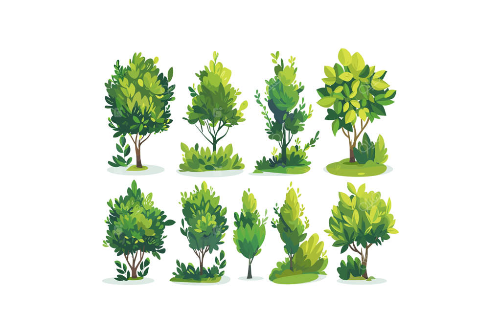 مجموعه‌ای از طرح‌های درخت سبز روی پس‌زمینه‌ی سفید در قالب وکتور