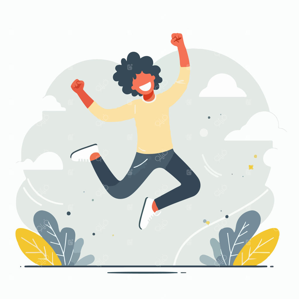 وکتور نوجوان مو فرفری در حال پریدن با خوشحالی، با سبک طراحی تخت، ساده و مینیمال