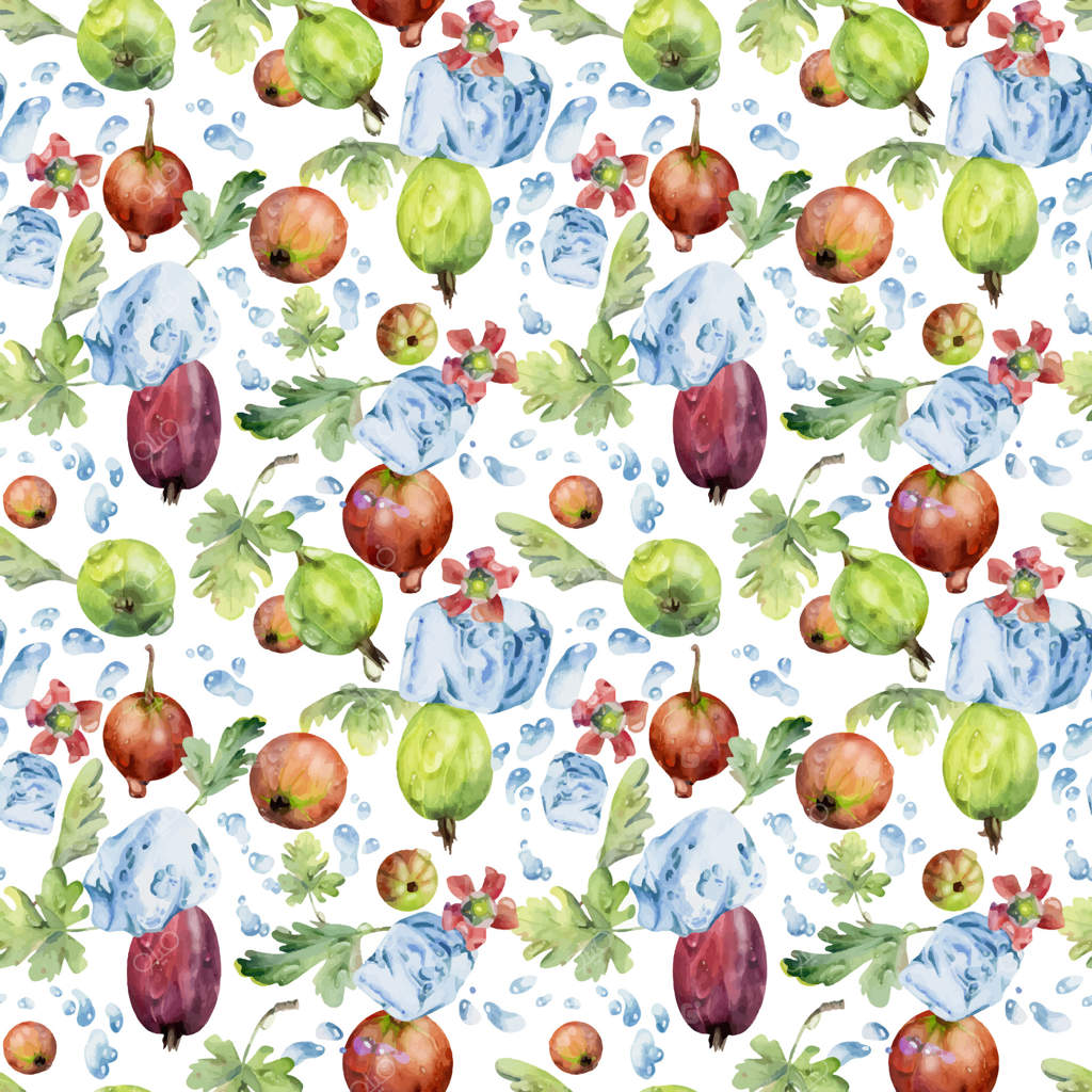 به فارسی: انگور فرنگی و میوه‌های کرن بری در پاشش آب با تکه‌های یخ، قطرات شبنم، گل‌ها و برگ‌ها، باغ رسیده جون‌بری کسایل دست‌ساخته با آبرنگ. پترن یکپارچه جدا شده. نوشیدنی‌های دست‌ساز، خواربار‌فروشی.