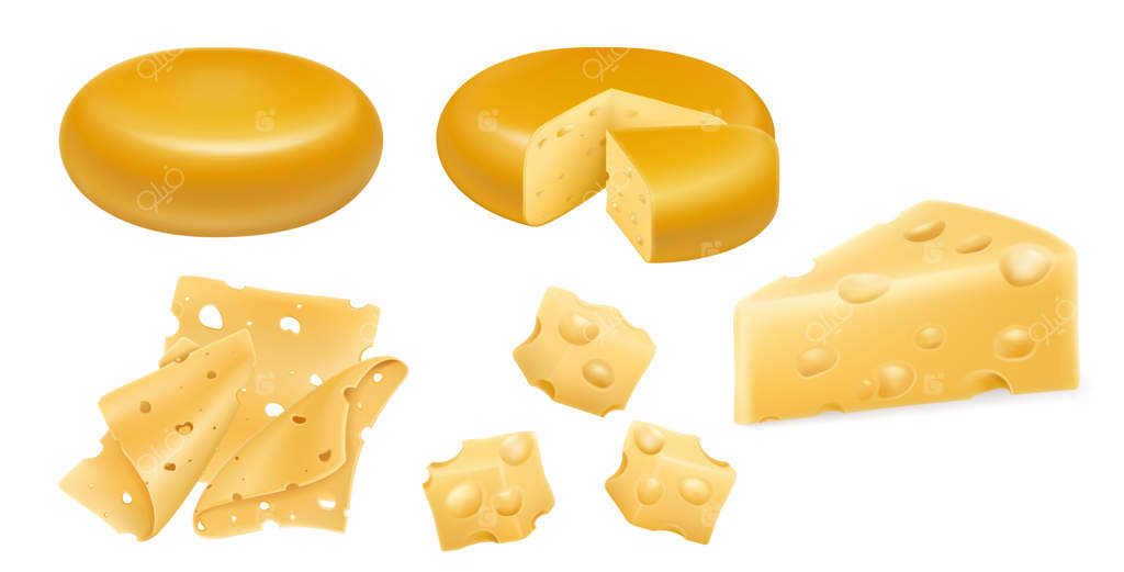 مجموعه‌ای از چرخ‌ها و برش‌های پنیر بر روی پس‌زمینه سفید. آبجکت غذایی به صورت وکتور سه‌بعدی واقعی. سر پنیر، مکعب‌ها و تکه‌های پنیر سفت بر روی پس‌زمینه سفید جدا شده‌اند.