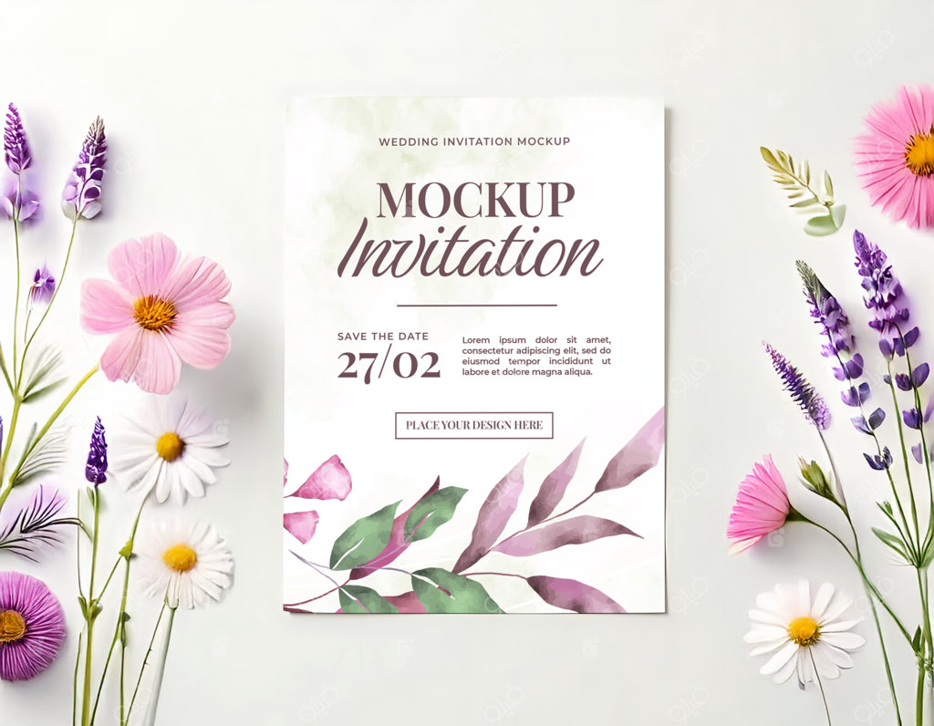 قالب کارت دعوت عروسی با ترکیب گل‌های بنفش و صورتی