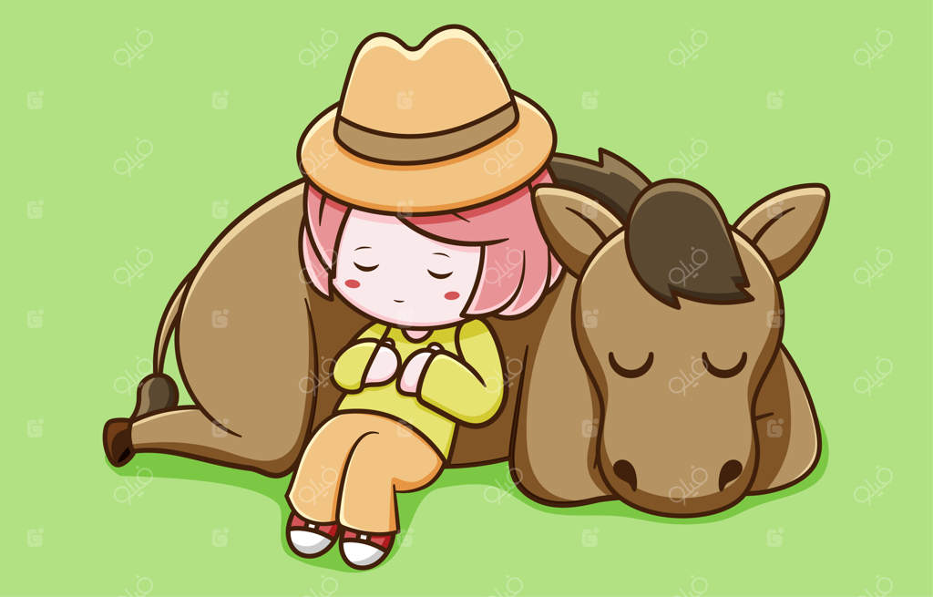 دختر کشاورز بامزه با اسب خوابیده طراحی