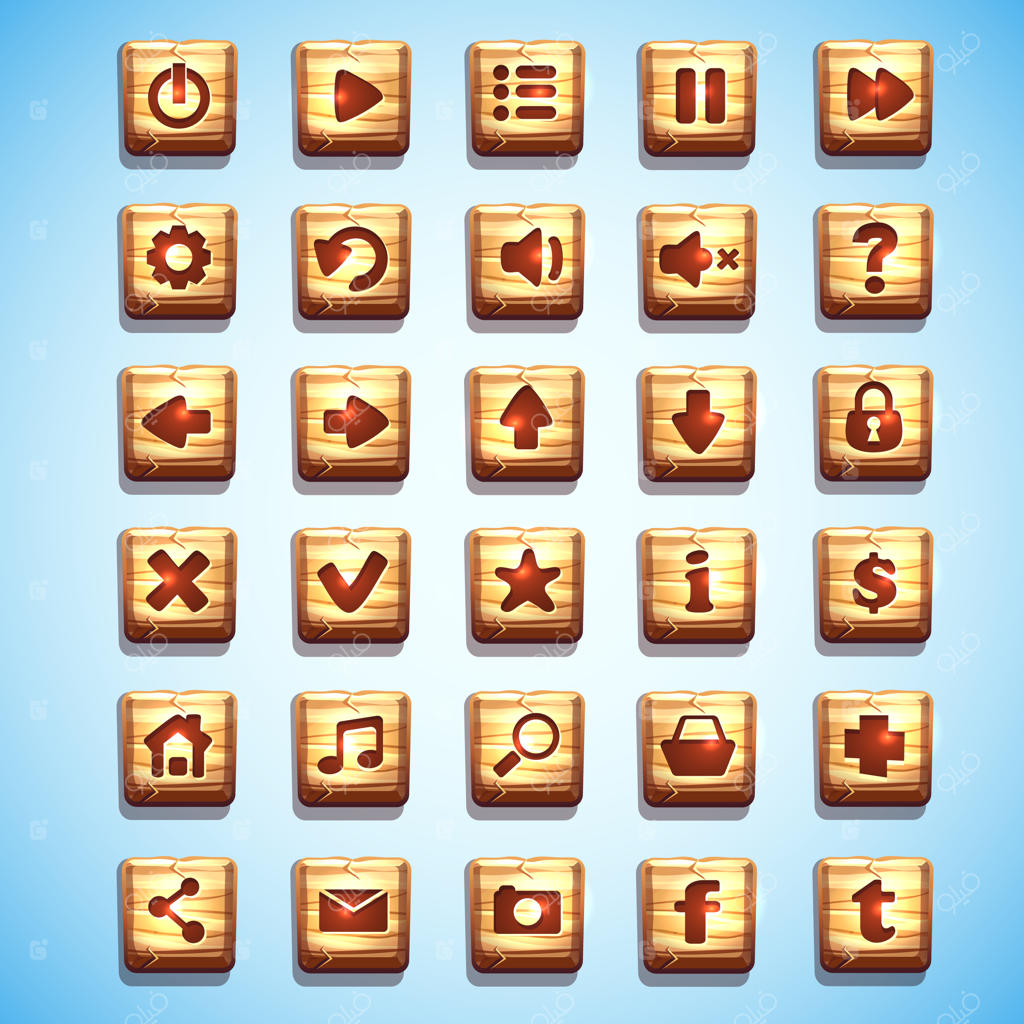 مجموعه بزرگی از دکمه‌های چوبی مربعی برای رابط کاربری بازی‌های کامپیوتری و طراحی وب