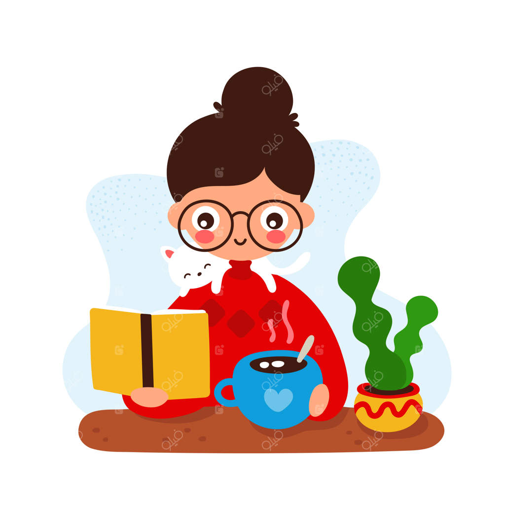 دختری جوان و خوشحال پشت میز با کتاب، فنجان و گربه نشسته است.