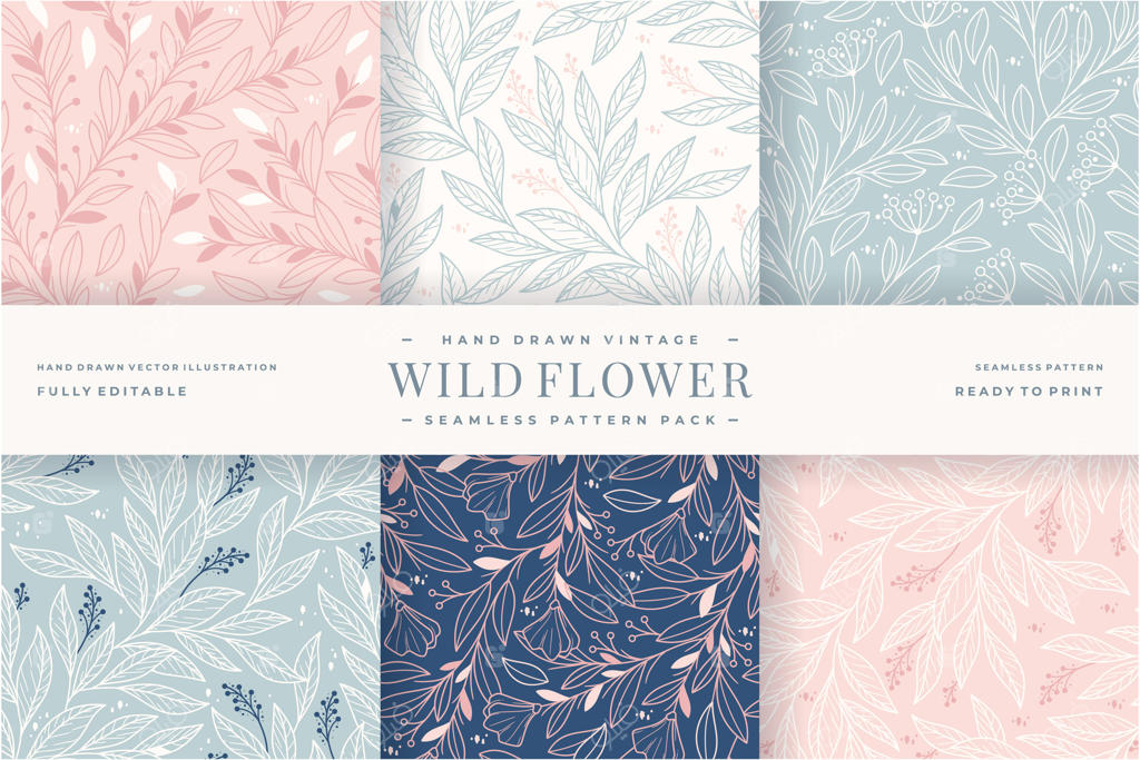 مجموعه پترن‌های بدون درز گل‌های وحشی وینتیج با طراحی دستی