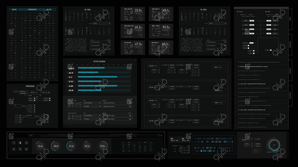 پنل طراحی رابط کاربری آینده‌نگر برای اپلیکیشن کسب‌وکار. مفهوم فناوری پیشرفته، هولوگرام، ارتباطات، آمار، داده‌ها و اینفوگرافیک با نسبت تصویر گسترده.