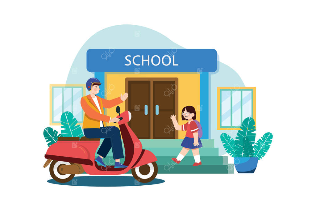 تصویر پدر که دخترش را در مدرسه پیاده می‌کند روی زمینه سفید