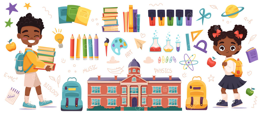مجموعه بزرگ لوازم مدرسه، دختر دانش‌آموز و پسر آفریقایی‌تبار و خوش‌آمدگویی بازگشت به مدرسه