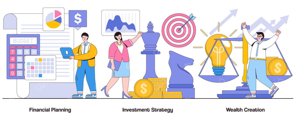 مفهوم برنامه‌ریزی مالی و استراتژی سرمایه‌گذاری برای ایجاد ثروت همراه با شخصیت‌های تجاری و مالی، مجموعه‌ای از تصاویر انتزاعی: تحلیل بازار، رشد مالی، و گسترش اقتصادی به عنوان استعاره