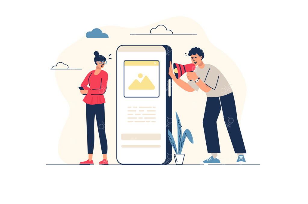 مفهوم بازاریابی به سبک طراحی تخت با صحنه‌ای از مردی با بلندگو در حال اعلامیه‌ دادن