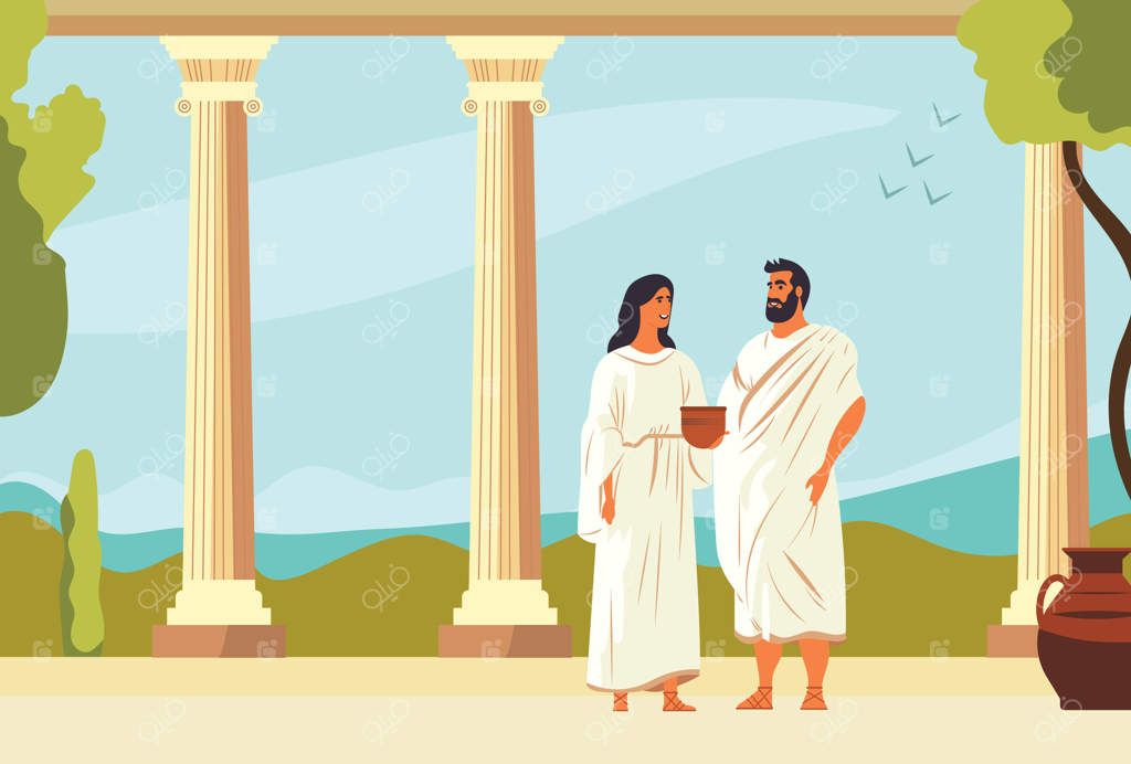 دو فرد یونانی باستانی در حال گفتگو در باغی در آتن. پس‌زمینه با ستون‌ها و قوس‌ها. (تصویرسازی)
