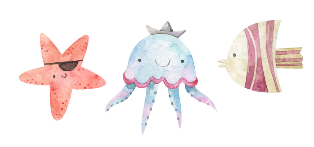 تصویرسازی آبرنگی کودکانه با ماهی‌های اقیانوسی بامزه و زندگی زیر دریا