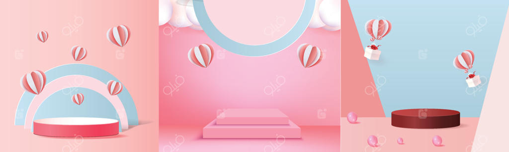 پلتفرم سه‌بعدی قرمز برای روز ولنتاین: طراحی بنر عاشقانه با مفهوم قلب و عشق