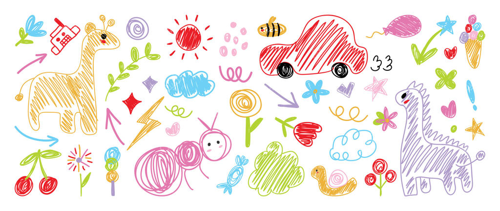 طراحی بامزه و دست‌کشیده کودکان: گل، ابر، خورشید، دایناسور، مورچه، ماشین، پیکان، صاعقه، گیلاس، نقاشی تابستانی. مناسب برای پارچه، استیکر، آیکون و کودکان.