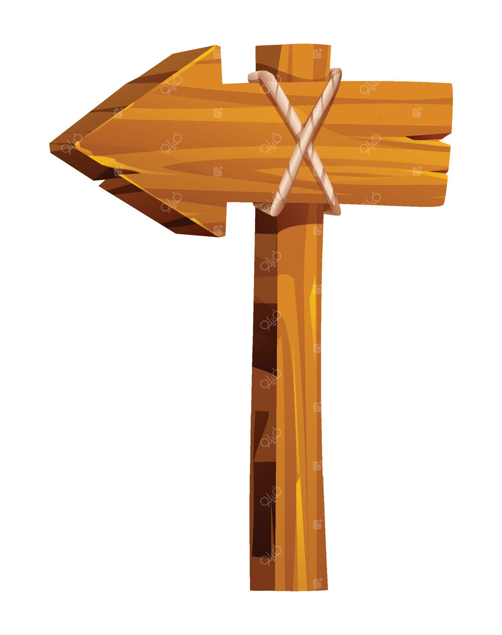 تابلوی چوبی یک طرفه با طراحی روستایی و کلاسیک، به وسیله طناب بسته شده و به سمت چپ اشاره می‌کند. تصویر کارتونی