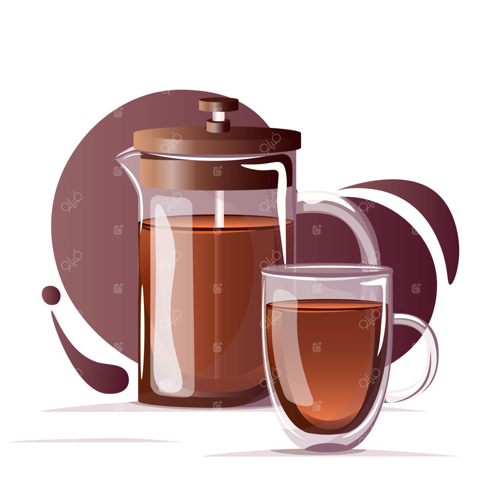 قوری شیشه‌ای برای چای. فرنچ پرس با چای سیاه و فنجان شیشه‌ای دو جداره. کتری شیشه‌ای با درب