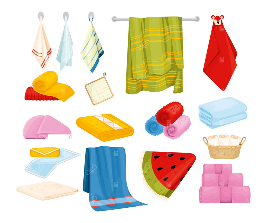 ست حوله حمام و آشپزخانه با آیکون‌های جداگانه، حوله‌های انباشته و آویزان بر روی قلاب و ریل - تصویر وکتور