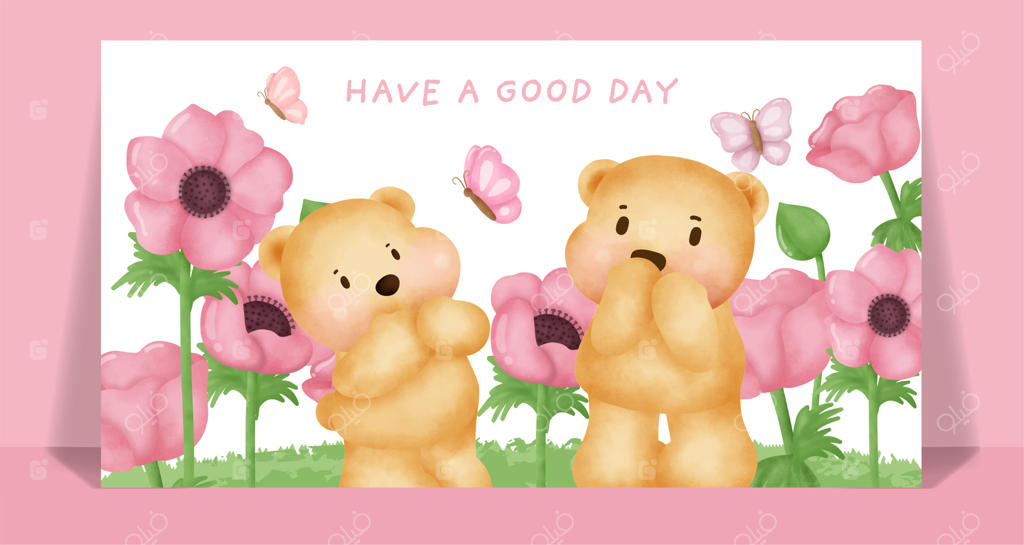 خرس عروسکی بامزه در دشت شقایق آبرنگی.