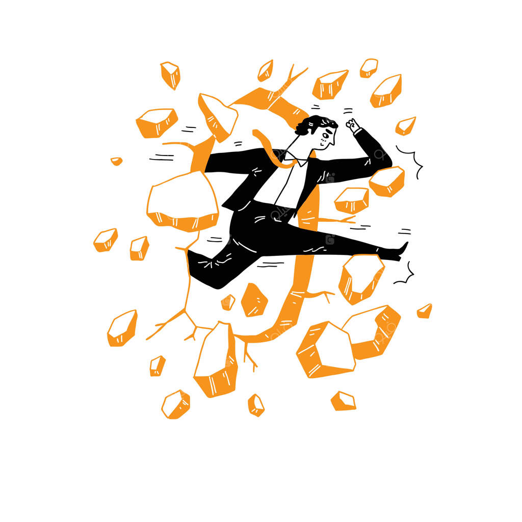 مرد تاجر در لباس اداری دیوارها را می‌شکند و به سمت اهدافش می‌دود رسیدن به اهداف مسابقه برای موفقیت عجله کنید تصویرسازی دستی