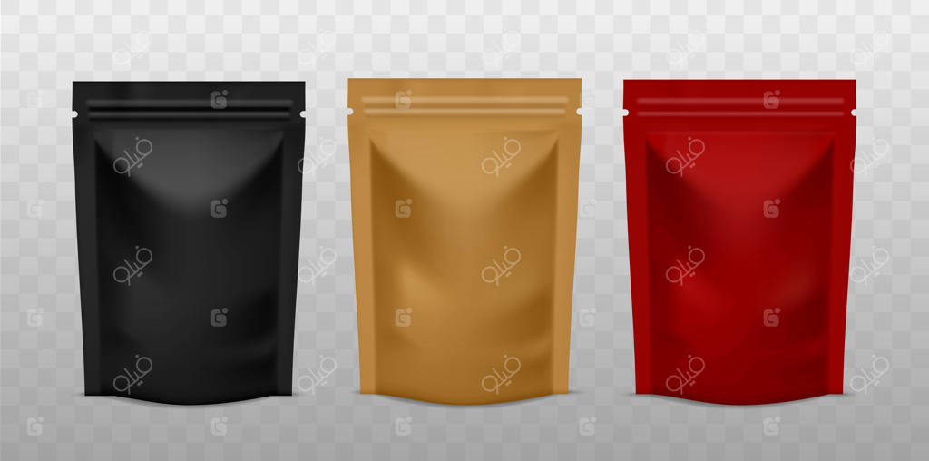کیسه پلاستیکی ساشه. بسته‌بندی قهوه با زیپ در رنگ‌های طلایی، مشکی و قرمز، تبلیغات کیسه فویلی ایستاده محصول در قالب وکتور واقع‌گرایانه