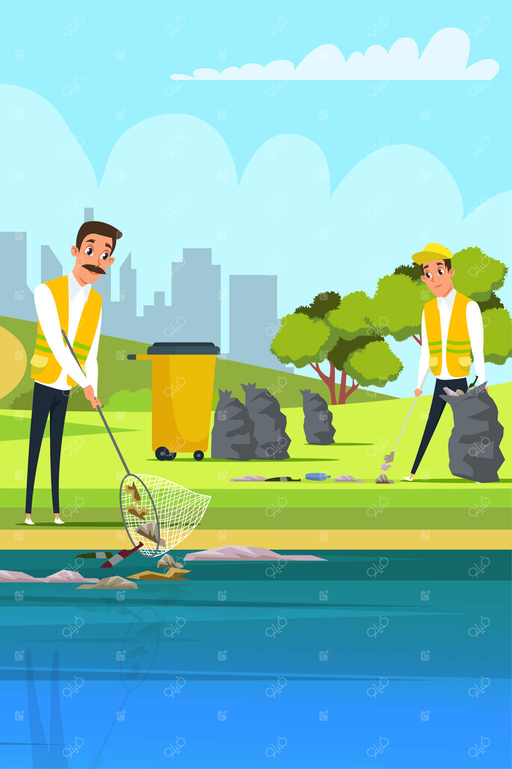گروه داوطلبان تمیزکار - کاراکترهای کارتونی پوستر حفاظت از محیط‌زیست بدون زباله - شهر پاک و دوستدار محیط‌زیست - تصویرسازی تخت