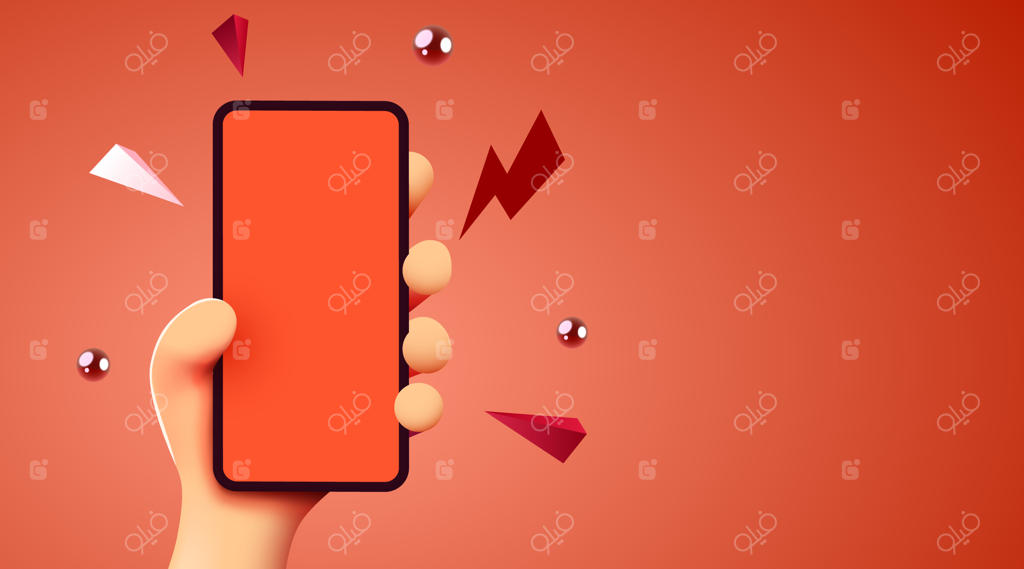 ماکت مدرن از دست کارتونی بامزه که گوشی هوشمند نگه داشته است