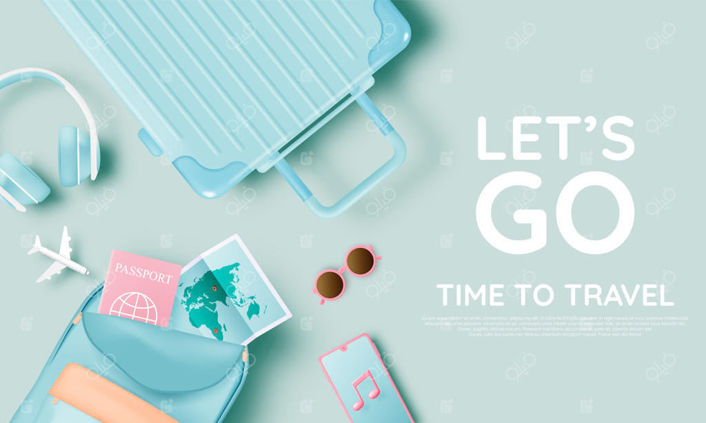 چمدان برای سفر به سبک هنری سه بعدی و طرح وکتور با رنگ‌های پاستلی