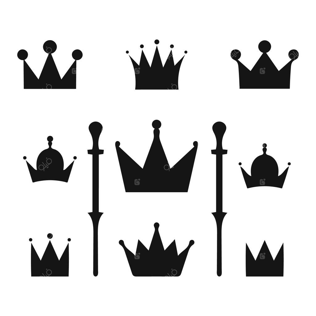آیکون‌های مینیمال و سیلوئت مشکی تاج با نمادهای سلطنتی و شاهانه