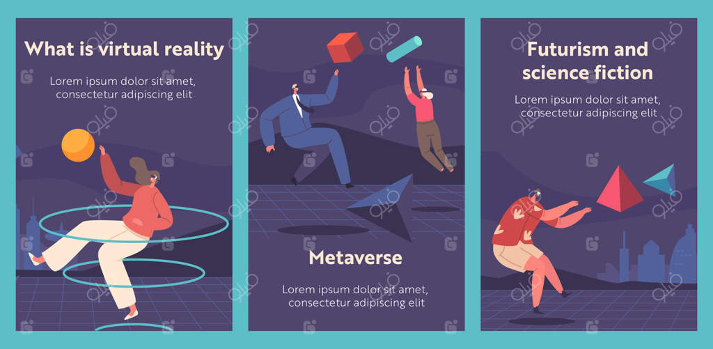 بنرهای کارتونی واقعیت افزوده متاورس: افراد با عینک و هدست واقعیت مجازی متصل به دنیای دیجیتال