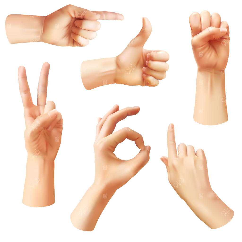 دست واقعی: انواع ژست‌های انسانی، مانند حالت "اوکی"، انگشت شست بالا و اشاره، نیشگون و مشت. ژست‌های دست خوش‌بینانه، نمادهای مجزا برای ارتباطات بصری