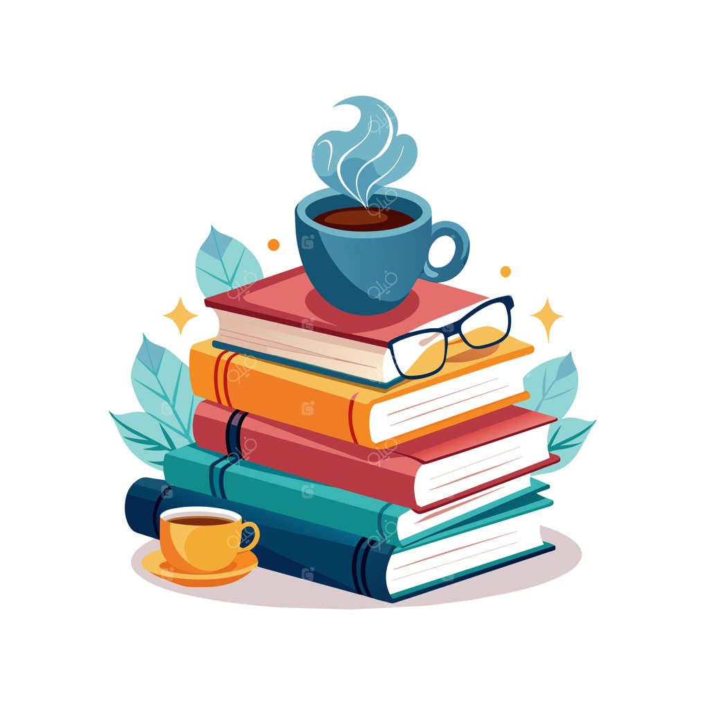 یک فنجان قهوه روی توده‌ای از کتاب‌ها و دسته‌های کتاب دیگر