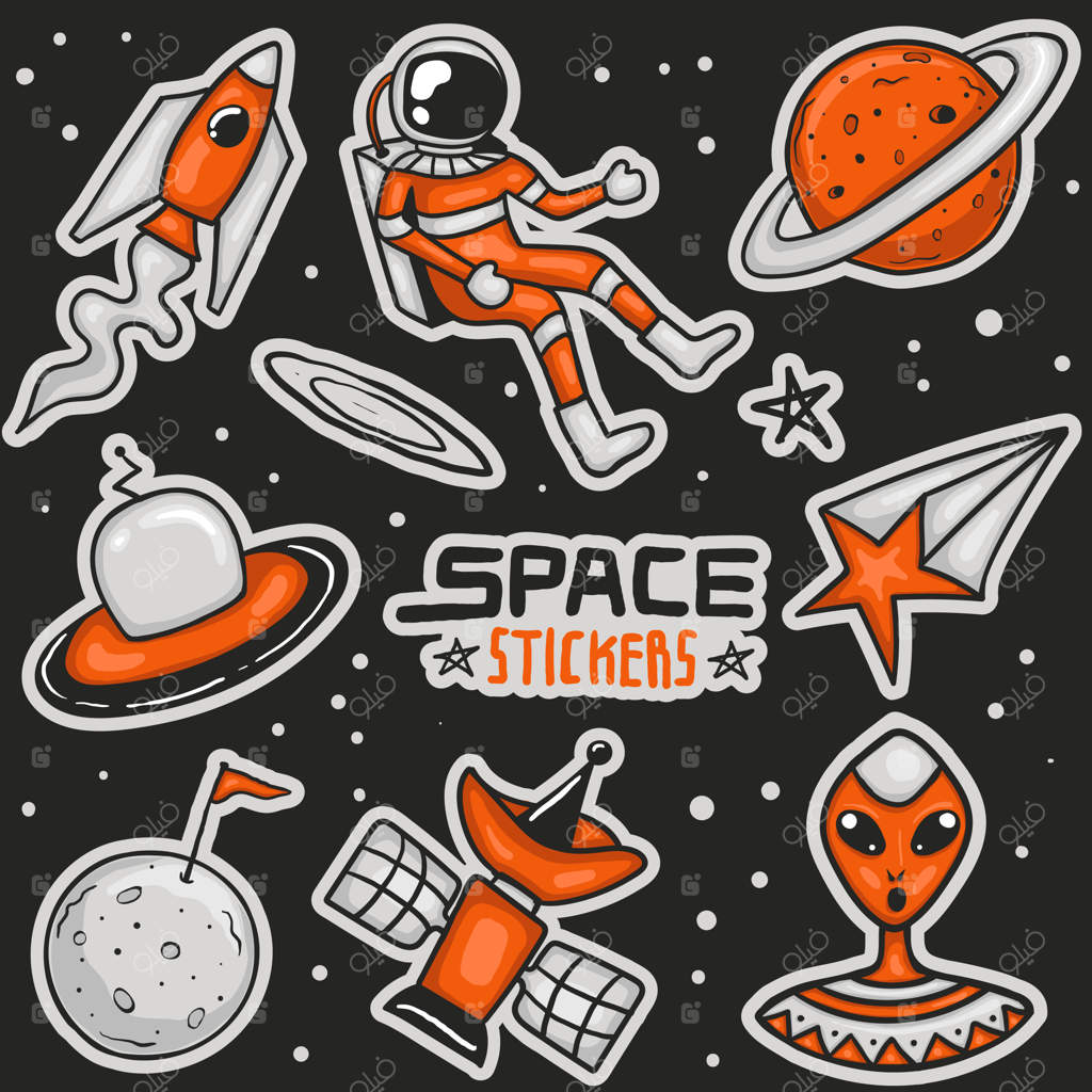 مجموعه برچسب‌های فضایی نقاشی شده با دست و رنگارنگ