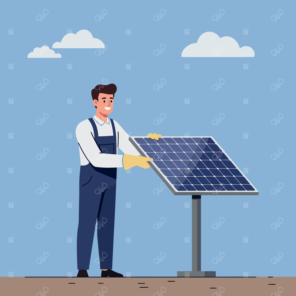 تصویری از نصب پنل خورشیدی برای انرژی تجدیدپذیر توسط مردی با لباس کاری آبی و دستکش در روز آفتابی