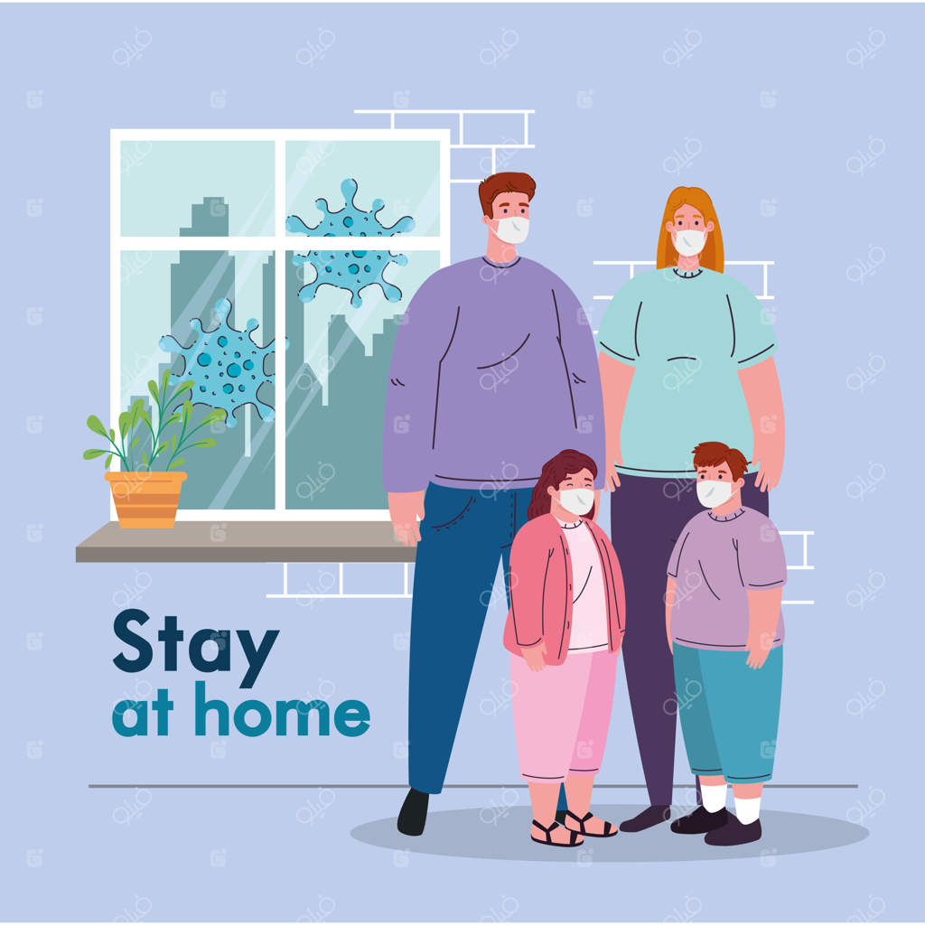 پدر و مادر به همراه پسر و دختر با ماسک‌های پزشکی