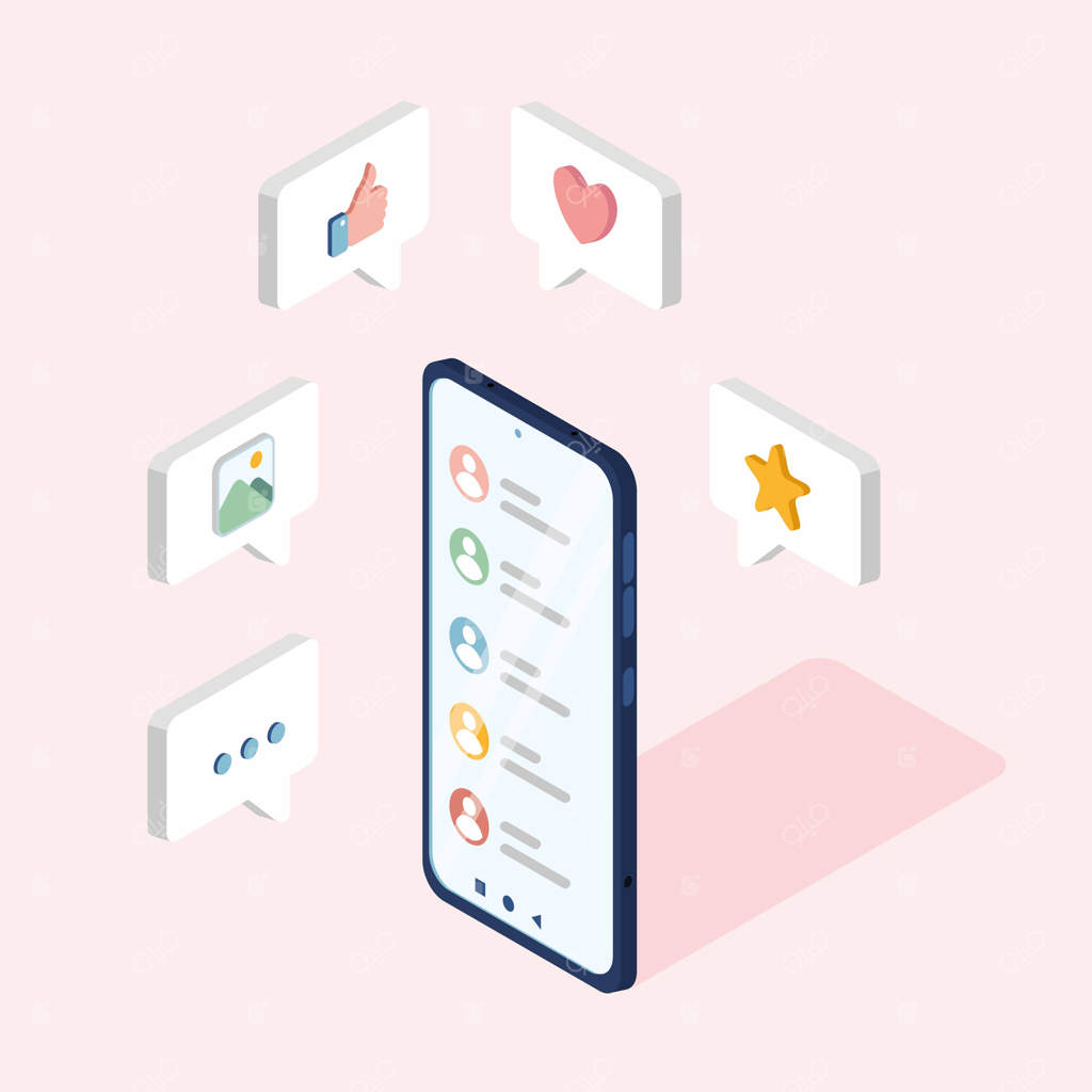 آیکون‌های وکتور مفهومی سه‌بعدی تخت شبکه‌های اجتماعی: نظرات، لایک‌ها، قلب، نقاط تعلیق، آیکون‌های عکس