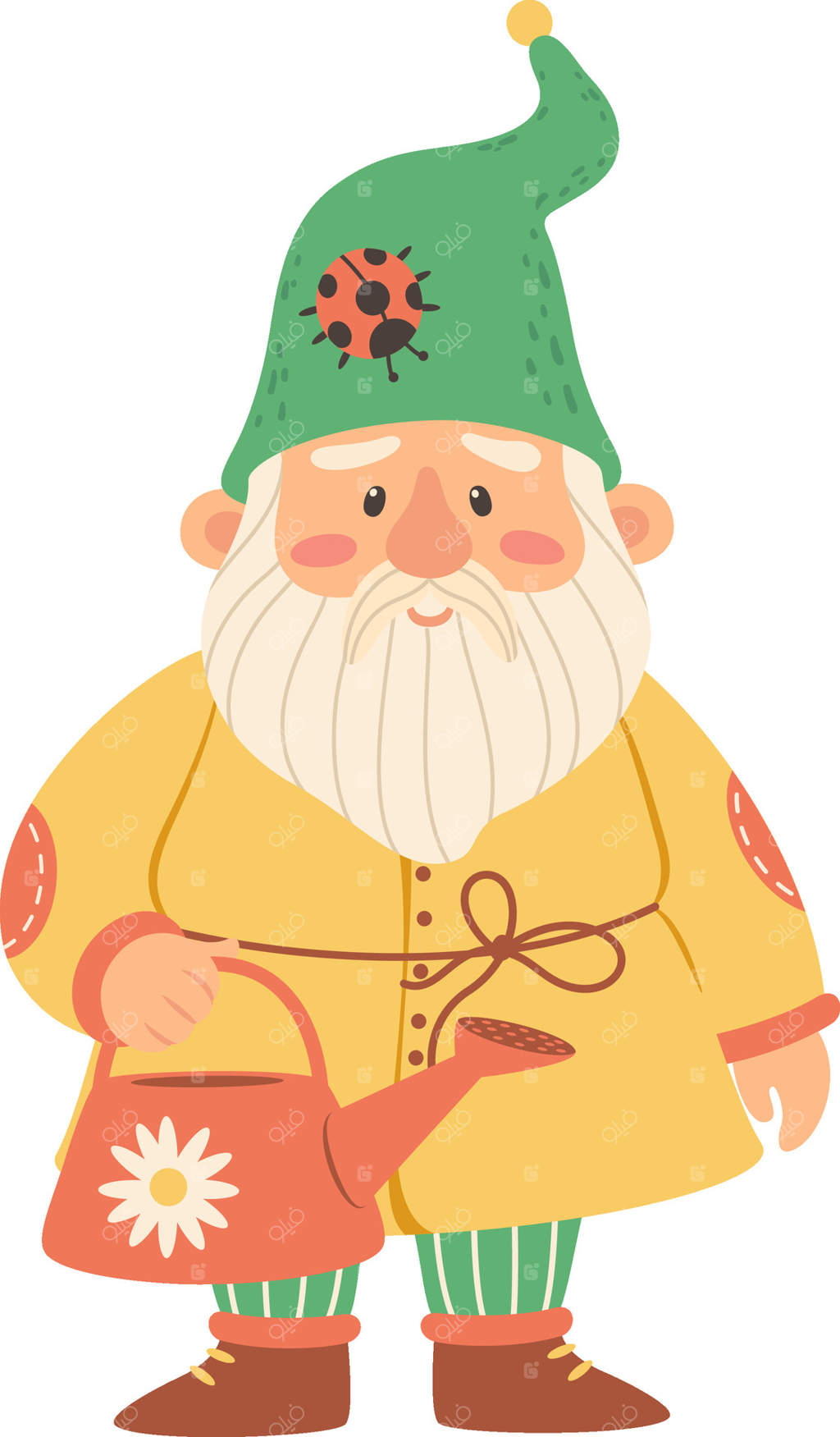 کارتون بامزه از کوتوله باغ با کلاه سبز، پتو زرد و شلوار راه‌راه، در حال نگه‌داشتن آبپاش نارنجی و گل‌مروارید سفید، بر پس‌زمینه سفید