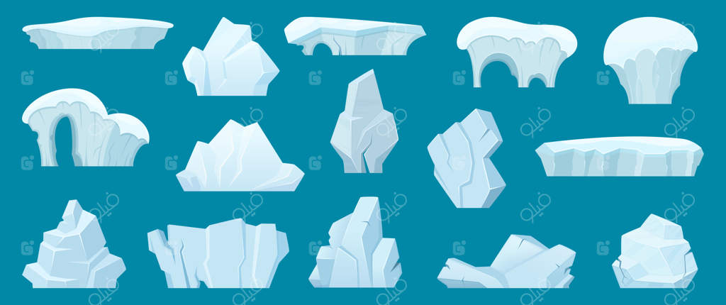 کوه یخ. منظره قطبی با صخره‌های یخی سفید در دل اقیانوس - مجموعه کارتونی.