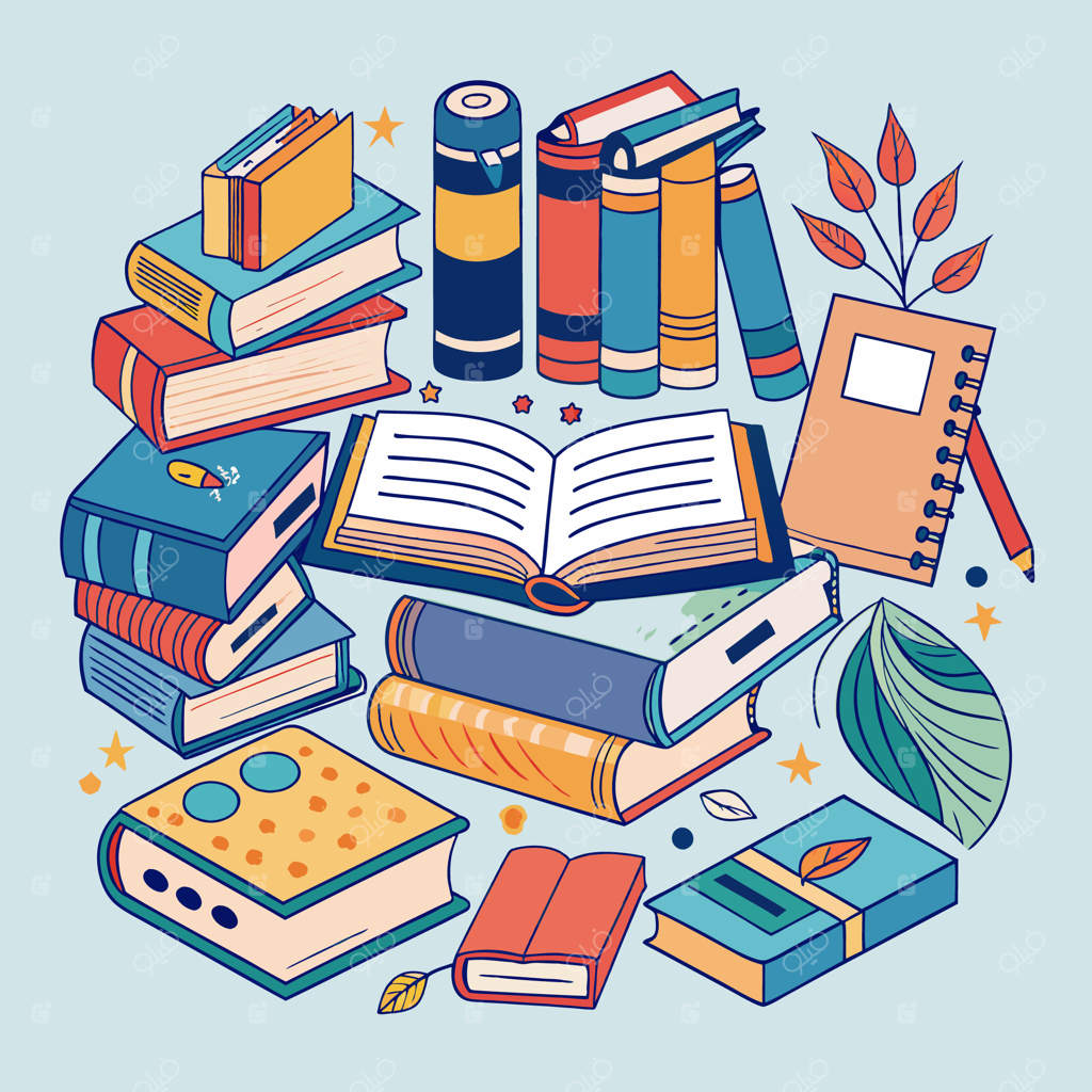 تصویرسازی رنگارنگ و خلاقانه آموزشی با کتاب‌ها و لوازم التحریر مدرسه