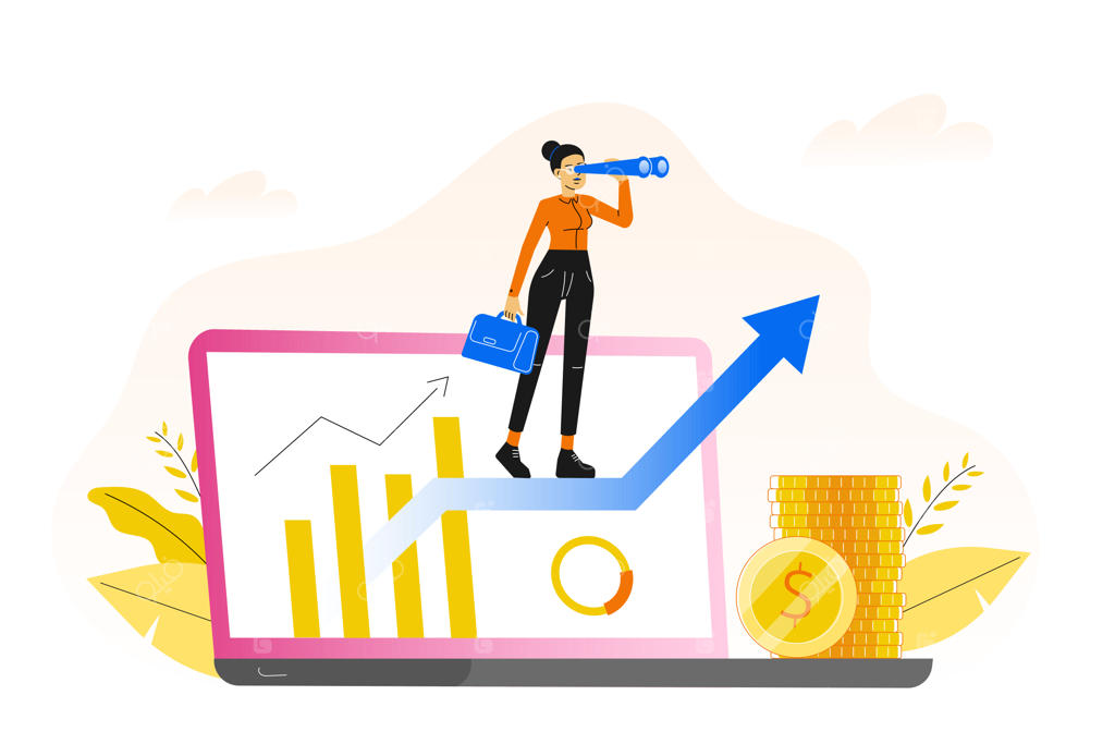 مفهوم رشد شغلی با زن کسب‌ و کار ایستاده بر روی پیکان رو به بالا