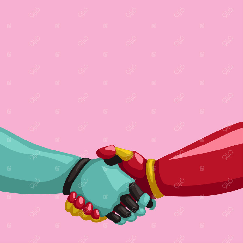 دست دادن سایبورگ‌ها روی پس‌زمینه صورتی