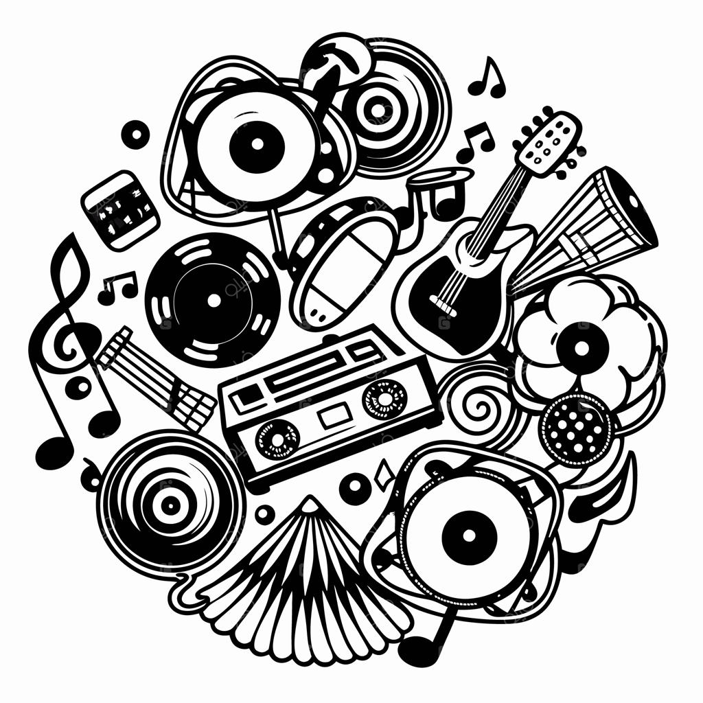 تصویرسازی دستی و سیاه و سفید سازهای موسیقی