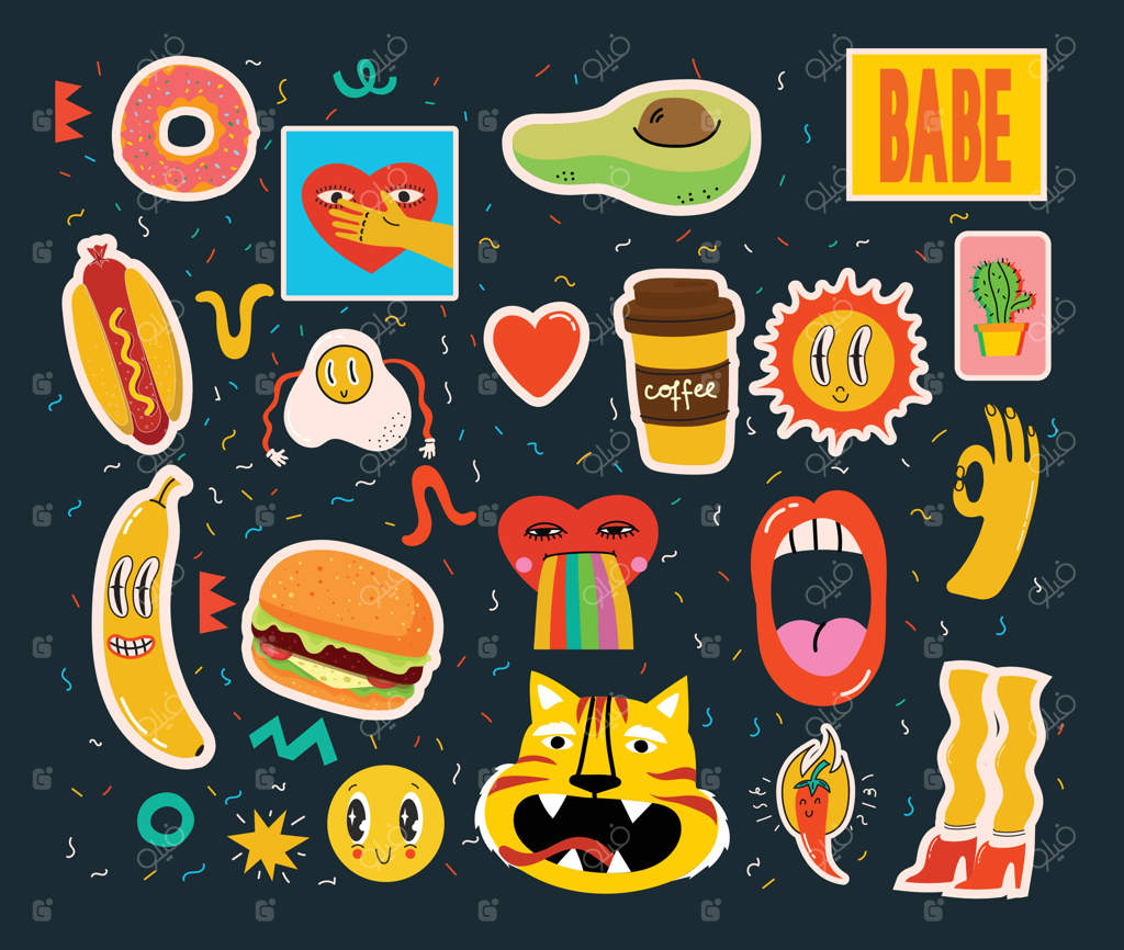 مجموعه‌ای بزرگ از وکتورهای رنگی مختلف برای پوسترها در طراحی کارتونی تخت: اشکال دستی، چهره‌های انتزاعی با بافت‌های متنوع و شخصیت‌های کمیک خنده‌دار