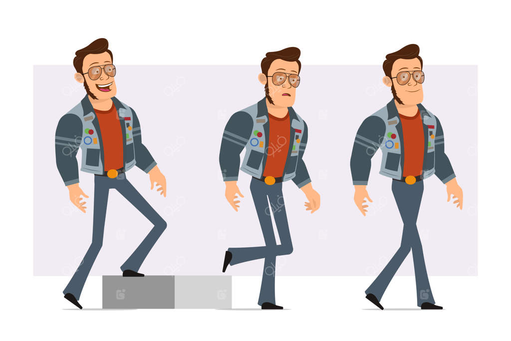 مرد دیسکو قوی و کارتونی با عینک آفتابی و ژاکت جین. پسر موفق اما خسته به سمت هدفش قدم می‌زند.