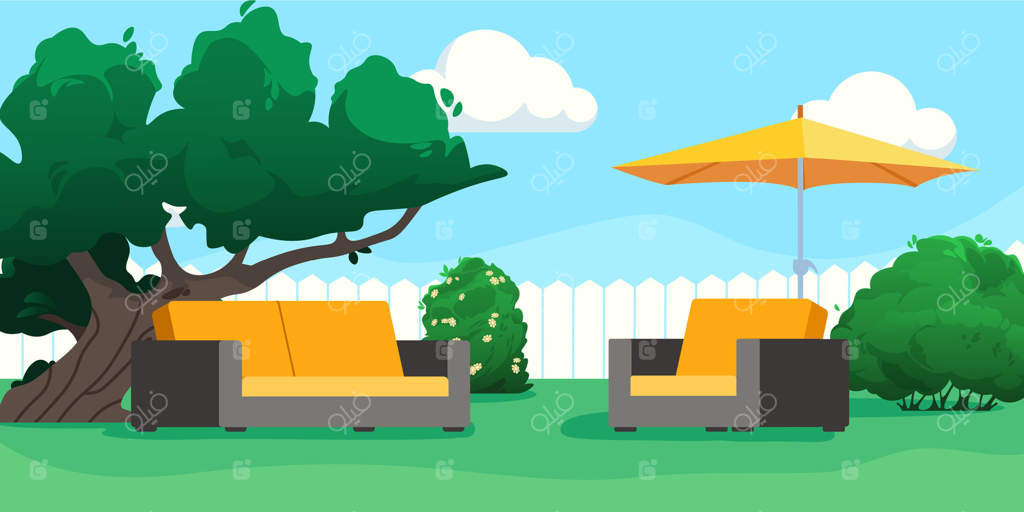 پاسیو حیاط پشتی با مبل، چتر زرد و درختان سبز زیر آسمان آبی و ابری. مبلمان مدرن باغ برای فضای نشیمن. تصویرسازی ساده