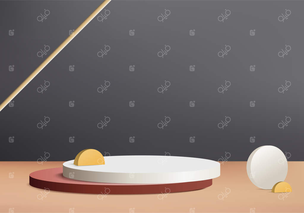 صحنه مینیمال انتزاعی با سیلندر و سکوی شیشه‌ای کریستال. رندر سه‌بعدی با پس‌زمینه‌ای برای نمایش محصولات آرایشی. ارائه محصول در استیج سه‌بعدی با پایه در پس‌زمینه استودیوی طلایی.